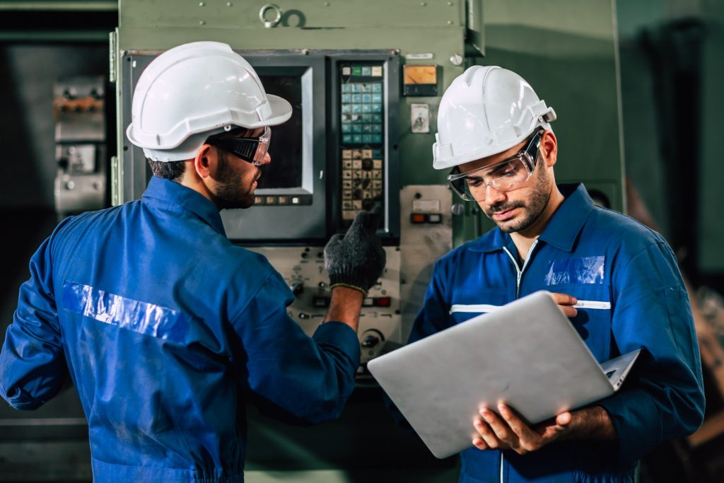 teamwork-solve-male-project-problem-two-consulting-monitoring-manufacture automation machinery man